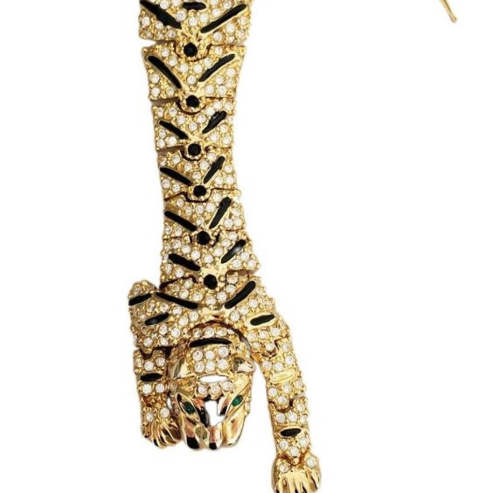 Vintage Articulated Gold Tone with Clear and Black Rhinestones LEOPARD Panther